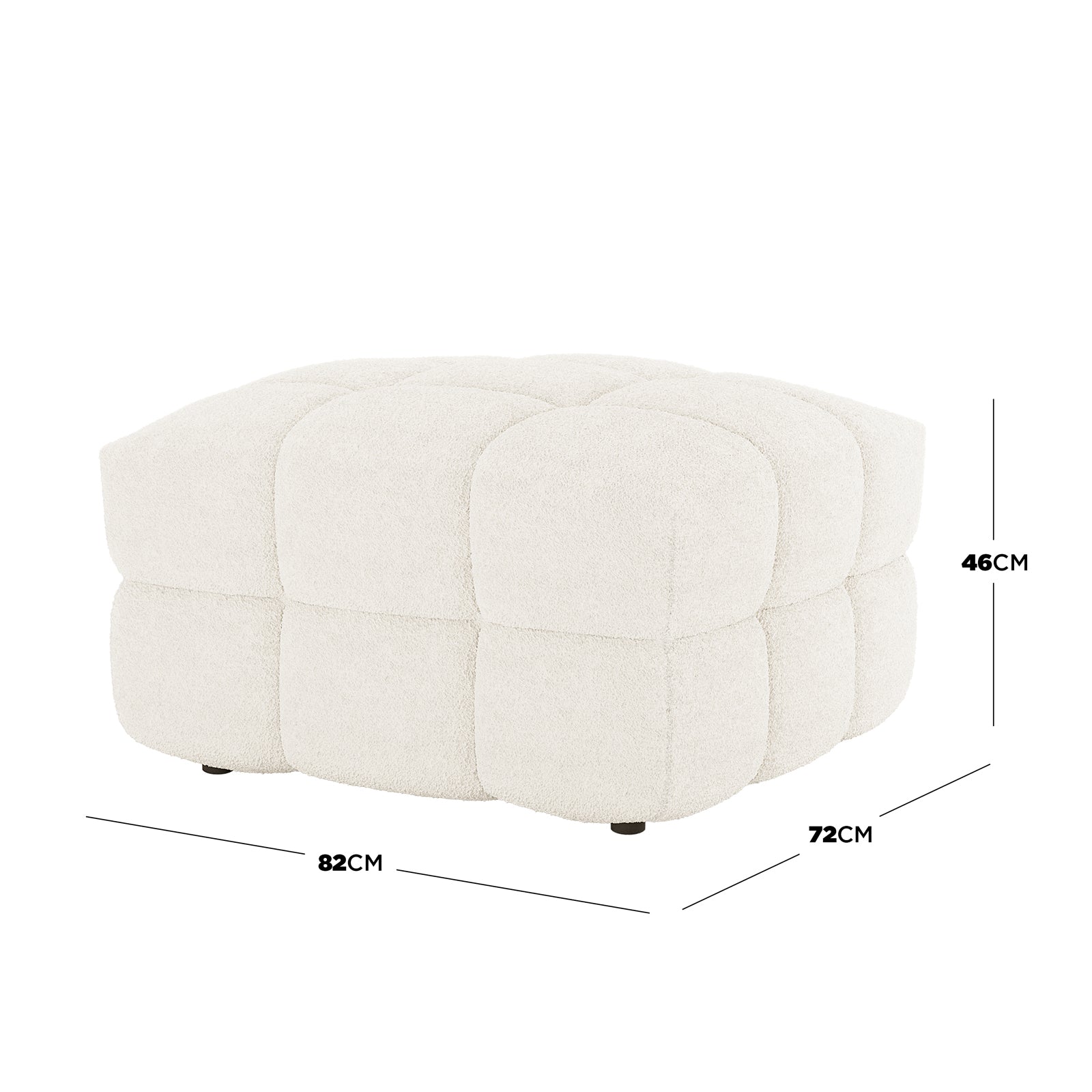 Norah 5 Seater Boucle Sofa Set with Ottoman in Cream White features a plush, quilted square ottoman with soft, off-white bouclé fabric, measuring 82 cm wide, 72 cm deep, 46 cm tall.