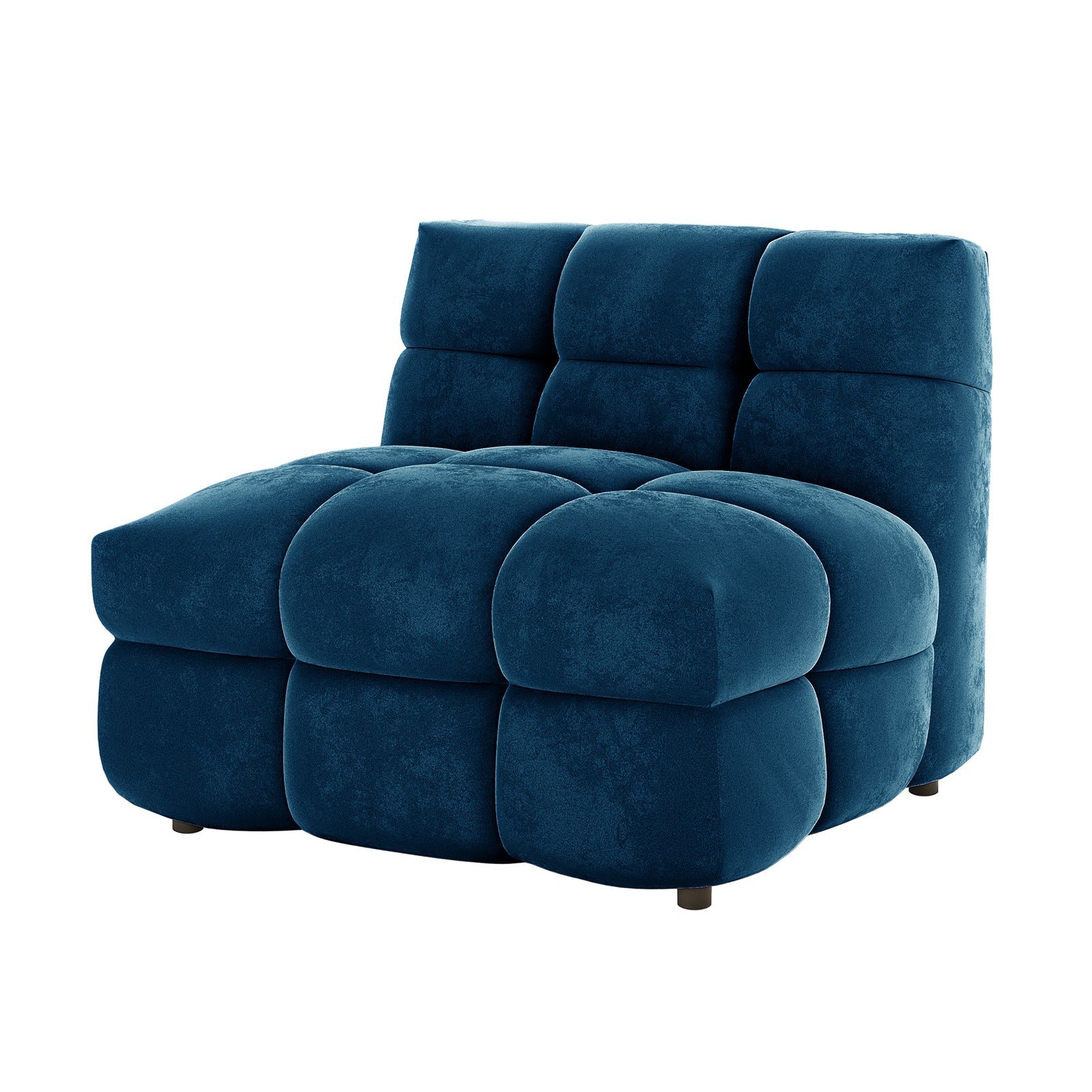 Norah Single Seater Tufted Velvet Sofa in Blue, featuring a cube-style design with deep-blue velvet upholstery and oversized tufted cushions, presenting a stylish, modern seating option for small spaces.