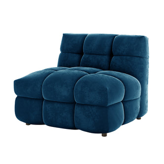 Norah Single Seater Tufted Velvet Sofa in Blue, featuring a cube-style design with deep-blue velvet upholstery and oversized tufted cushions, presenting a stylish, modern seating option for small spaces.