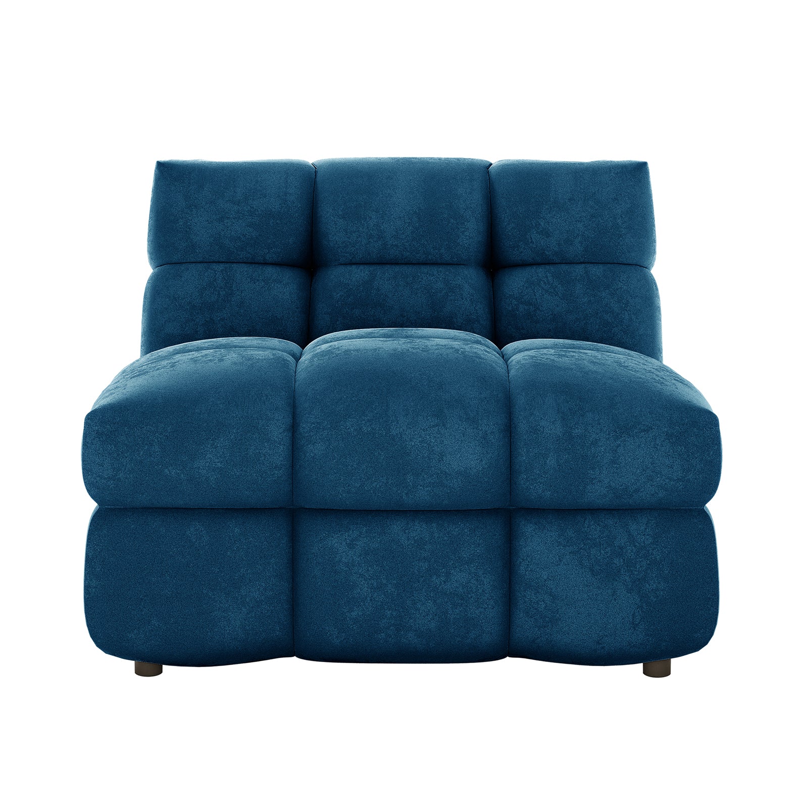 Norah Single Seater Tufted Velvet Sofa in Blue features a plush, armless chaise design with nine oversized cushion blocks, offering a stylish, low-slung seating option for any room.