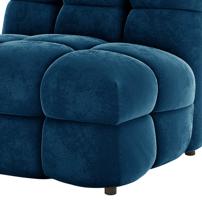 Norah Single Seater Tufted Velvet Sofa in Blue features plush, cube-like cushions and an armless design, showcasing a rich velvet texture that enhances its stylish, modular appearance.