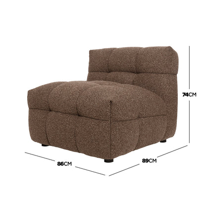 Norah Boucle Single Seater Sofa in Brown features armless, tufted, boucle-style fabric with deep cushioning, showcasing dimensions of 86 cm depth by 89 cm width, standing 74 cm tall.