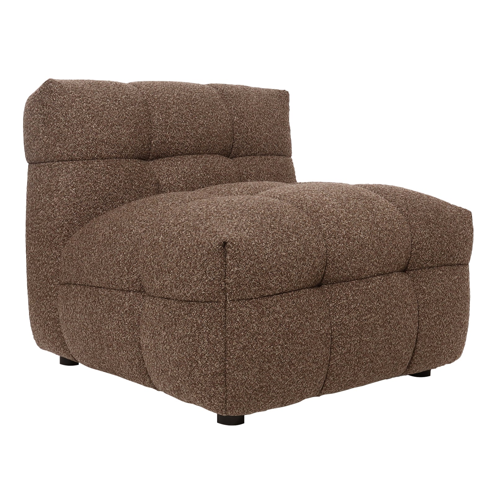 Norah Boucle Single Seater Sofa in Brown, featuring a textured bouclé fabric with deep tufting, low profile, and cushiony appearance, perfect for cozy, stylish lounging spaces.