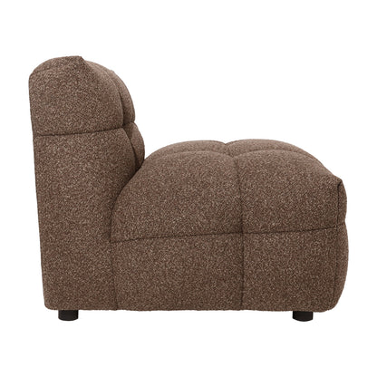 Norah Boucle Single Seater Sofa in Brown, featuring a square tufted pattern, heavily padded with textured fabric, low on black feet, ideal for adding modern charm to any living space.