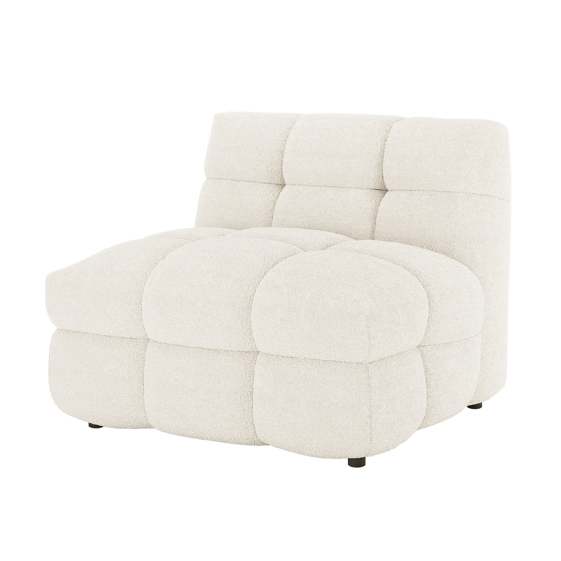 Norah Single Seater Boucle Sofa in Cream White features tufted, pillowy cushions on an armless module with low-profile legs, showcasing luxurious off-white boucle upholstery for a stylish, modern living room piece.