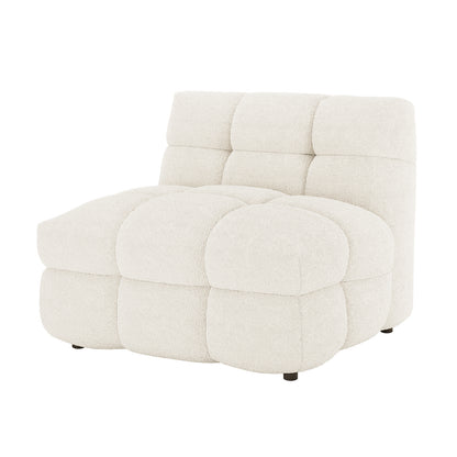 Norah Single Seater Boucle Sofa in Cream White features tufted, pillowy cushions on an armless module with low-profile legs, showcasing luxurious off-white boucle upholstery for a stylish, modern living room piece.