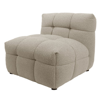 Norah Boucle Single Seater Sofa in Warm Beige, featuring a deeply tufted, boxy design in textured boucle fabric, offering a soft, inviting aesthetic with a sturdy wood frame for modern comfort.