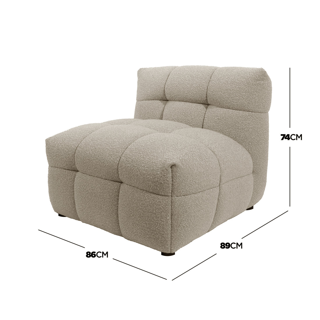 Norah Boucle Single Seater Sofa in Warm Beige, featuring an armless design with cream boucle upholstery, deep tufted seat and back, and visible dimensions: 86cm width, 89cm depth, 74cm height.