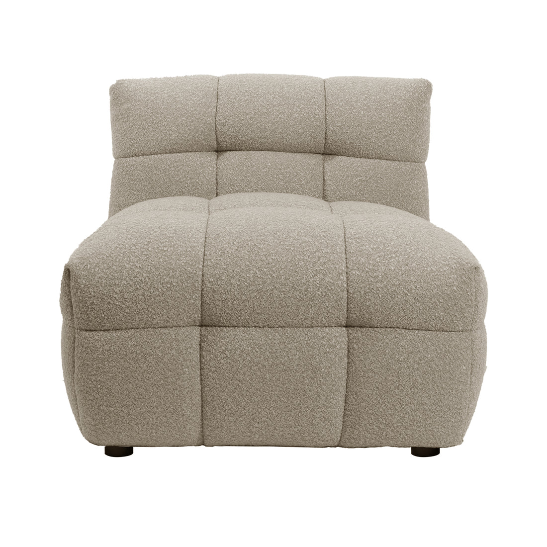 Norah Boucle Single Seater Sofa in Warm Beige features a chaise-style lounge design, textured boucle upholstery, deep square-tufted cushioning, and a low profile on nearly hidden legs.