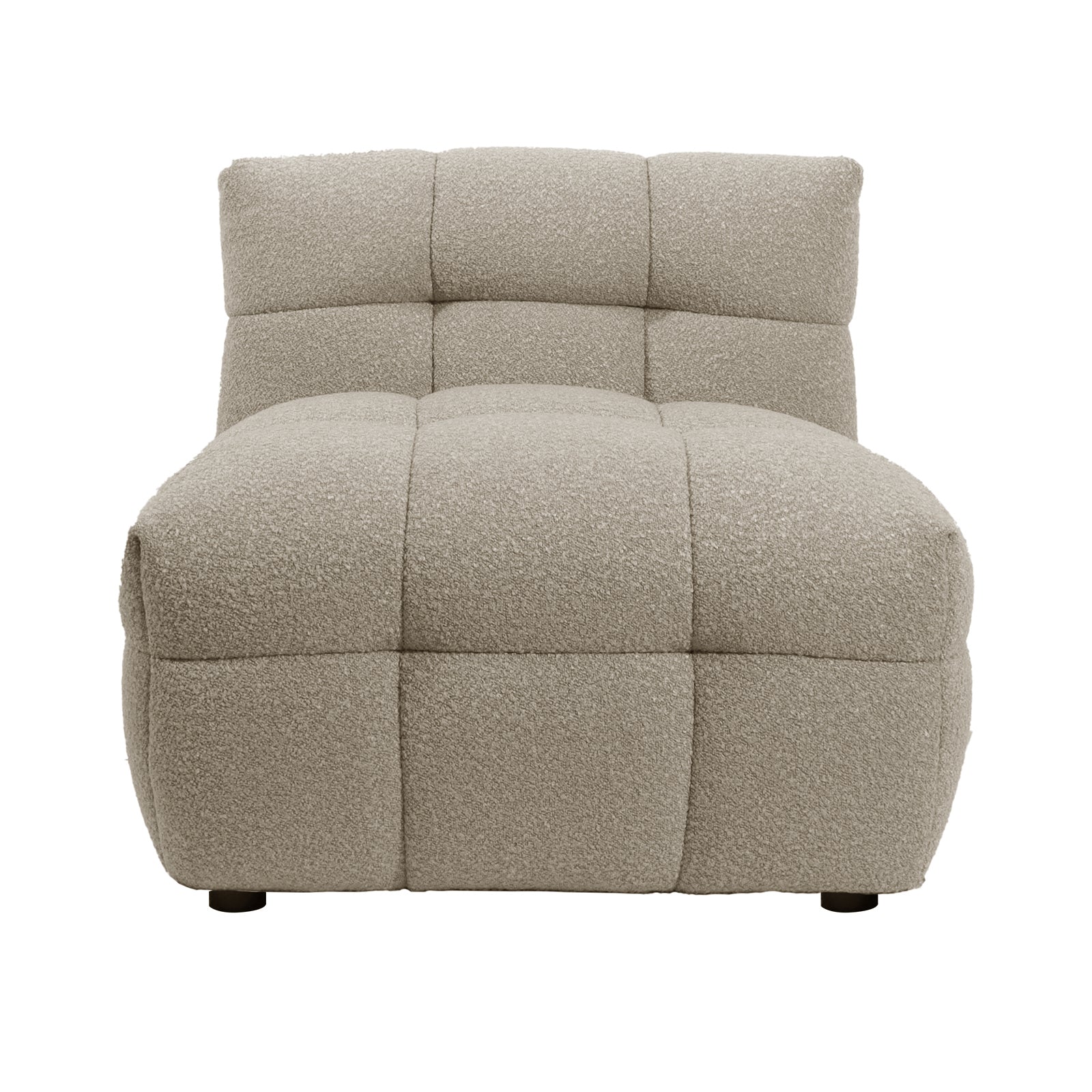Norah Boucle Single Seater Sofa in Warm Beige features a chaise-style lounge design, textured boucle upholstery, deep square-tufted cushioning, and a low profile on nearly hidden legs.
