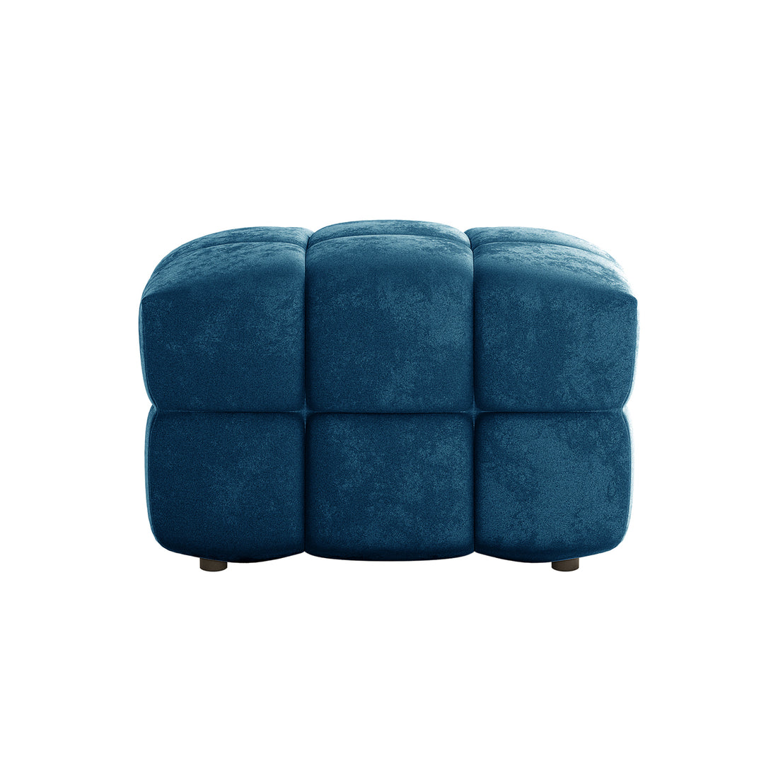 Norah Velvet Upholstered Tufted Ottoman in Blue; cube-shaped with deep blue velvet fabric, featuring a 3x3 tufted block design and small feet, offering a modern, plush accent for living spaces.