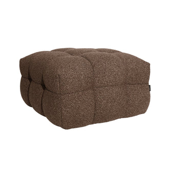 Norah Boucle Ottoman in Brown, featuring a textured, tufted design with a soft boucle finish, crafted into a cushioned cube for versatile use as a footrest, seat, or side table.