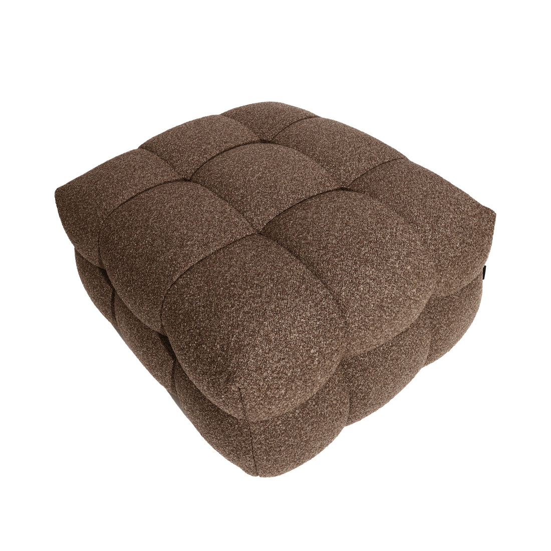 Norah Boucle Ottoman in Brown, a square tufted pouf with a 3×3 quilted pattern, upholstered in textured fabric, serving as a stylish, low footstool or extra seat.