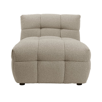 Norah 5 Seater Boucle Sofa Set with Ottoman in Warm Beige features a modern, armless chaise/lounger module with quilted, tufted squares, showcasing plush, boucle-style fabric for elegant lounging.