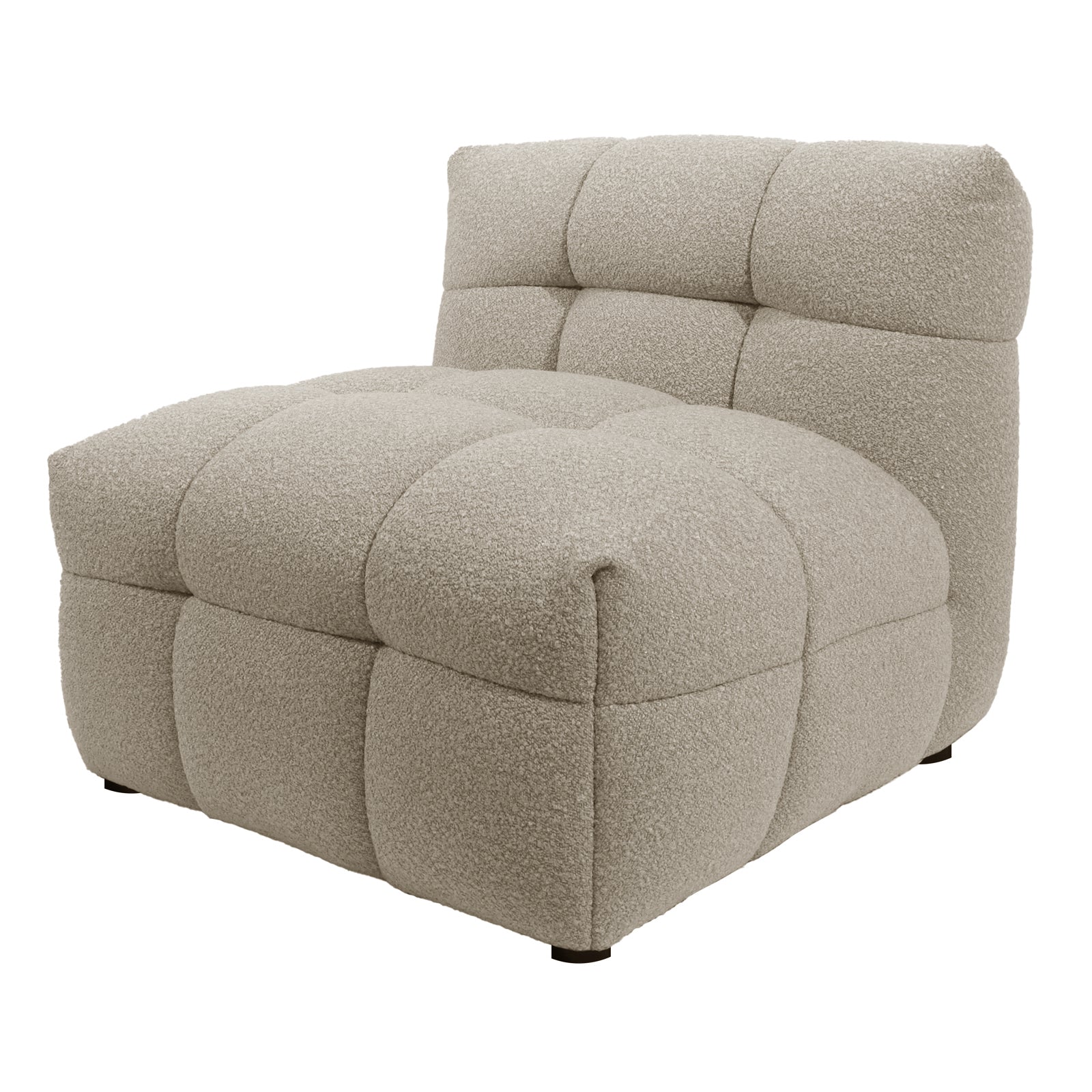 Norah 5 Seater Boucle Sofa Set With Ottoman in Warm Beige features an armless, low-profile lounge chair section with light-beige bouclé upholstery and deep, block-style tufting for a plush, contemporary look.