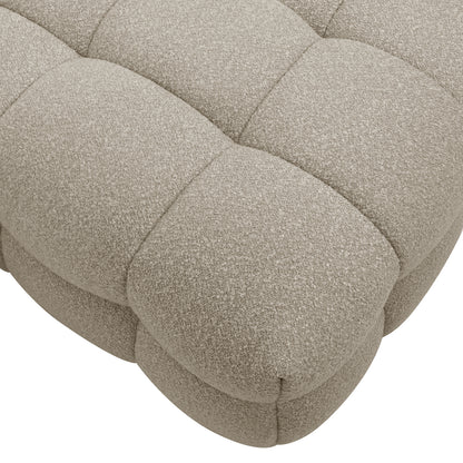 Norah 5 Seater Boucle Sofa Set With Ottoman in Warm Beige features a close-up of the ottoman's tufted, grid-patterned surface, showcasing its plush, boucle-style upholstery for ultimate comfort.
