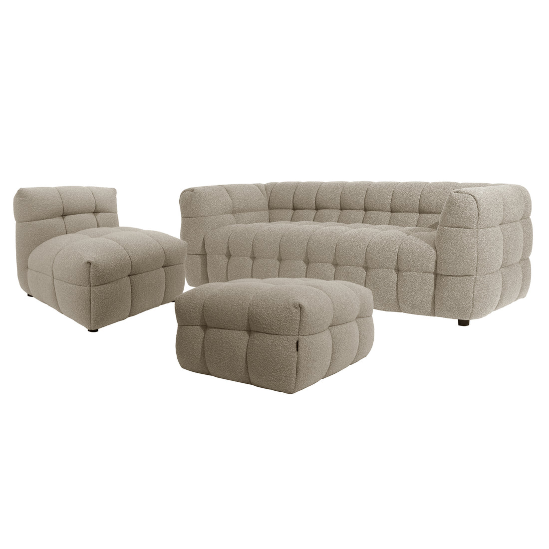 Norah 5 Seater Boucle Sofa Set With Ottoman in Warm Beige, featuring a three-seat sofa with rounded tufting, armless lounge chair, and matching ottoman, all in plush, low-slung design.