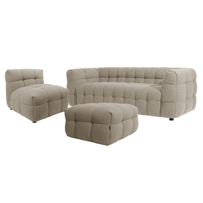 Norah 5 Seater Boucle Sofa Set With Ottoman in Warm Beige, featuring a three-seat sofa with rounded tufting, armless lounge chair, and matching ottoman, all in plush, low-slung design.