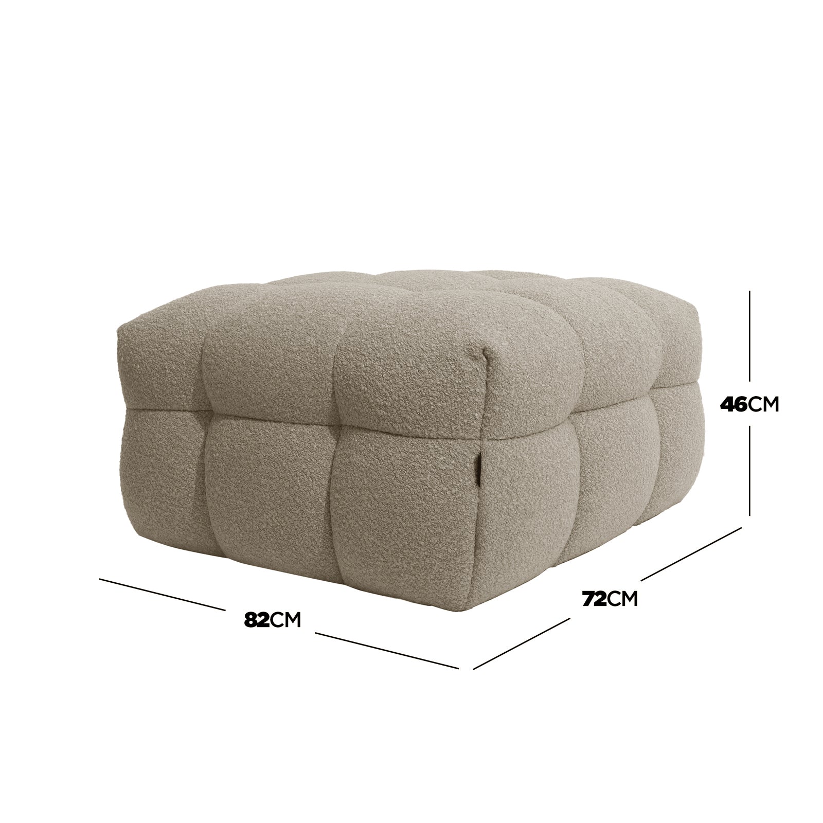 Norah 5 Seater Boucle Sofa Set With Ottoman in Warm Beige, featuring a low, rectangular ottoman in boucle-style beige fabric, measuring 82 cm wide, 72 cm deep, and 46 cm high.