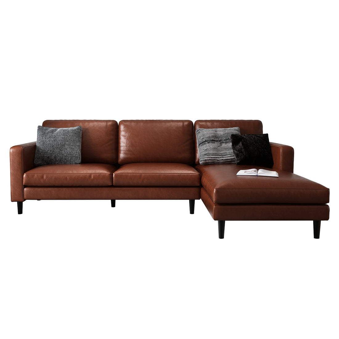 Nornas 3 Seater PU Leather Sofa with Chaise Brown, showcasing its sleek design with deep foam cushioning and precise seams, embodying a luxurious and spacious seating option.