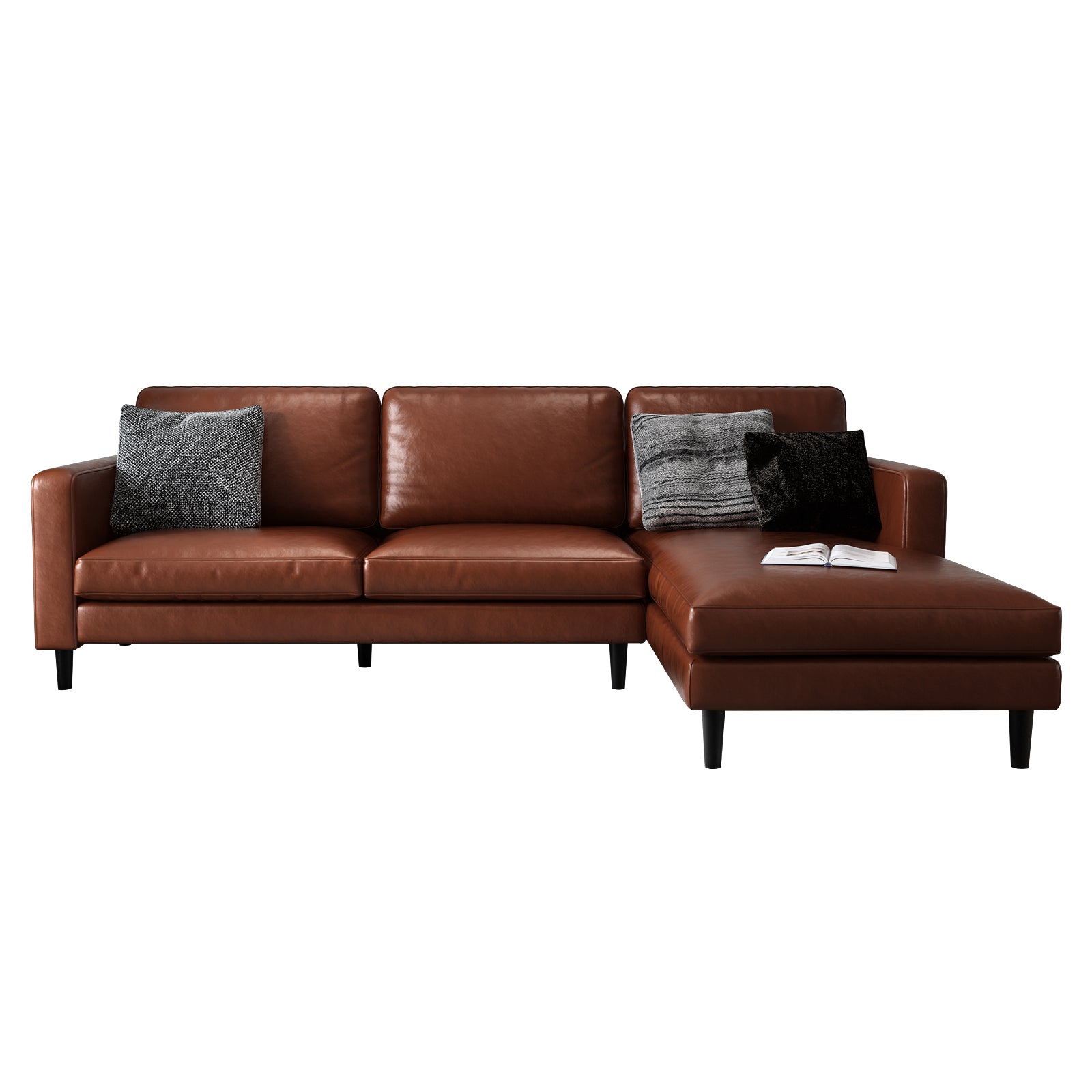 Nornas 3 Seater PU Leather Sofa with Chaise Brown, showcasing its sleek design with deep foam cushioning and precise seams, embodying a luxurious and spacious seating option.