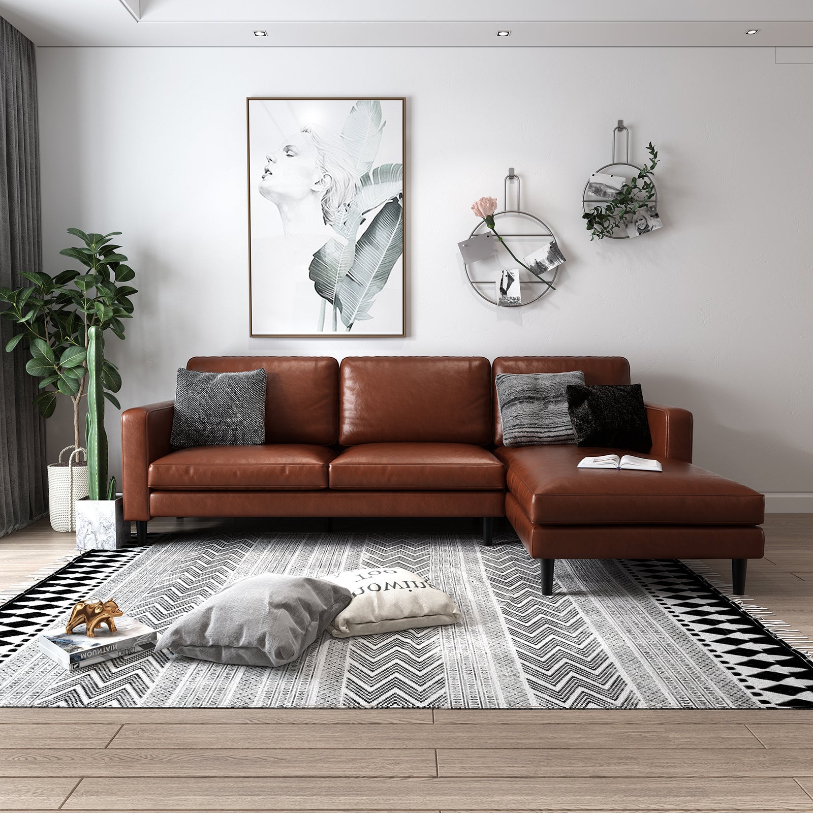 Nornas 3 Seater PU Leather Sofa with Chaise Brown featuring plush cushions and a sleek design, shown with a grey pillow on its brown leather surface, highlighting its luxurious appeal and spacious seating.