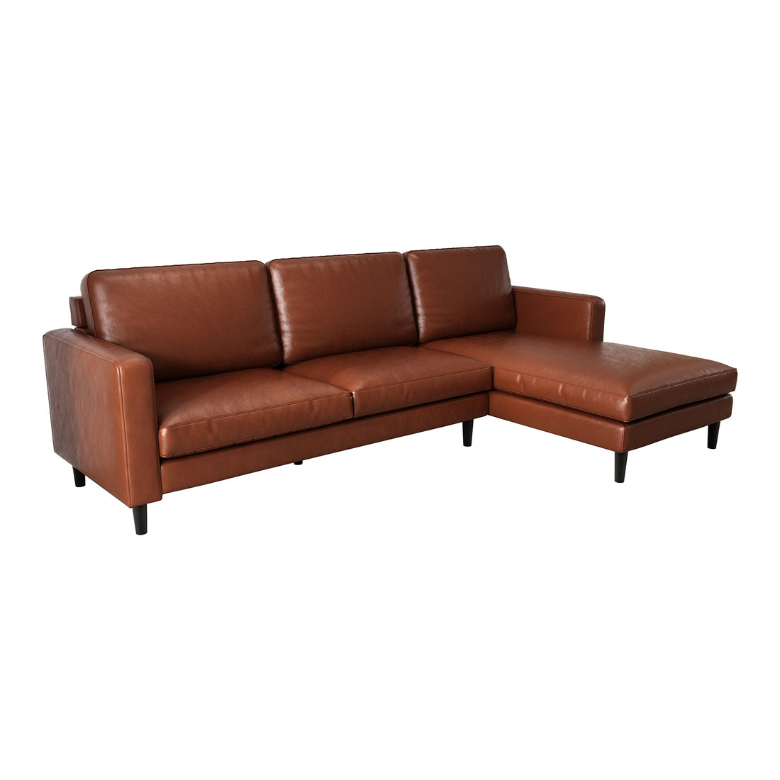 Close-up of the Nornas 3 Seater PU Leather Sofa with Chaise Brown, showcasing its sleek design, deep foam cushioning, and precise seams, emphasizing its plush comfort and spacious seating.