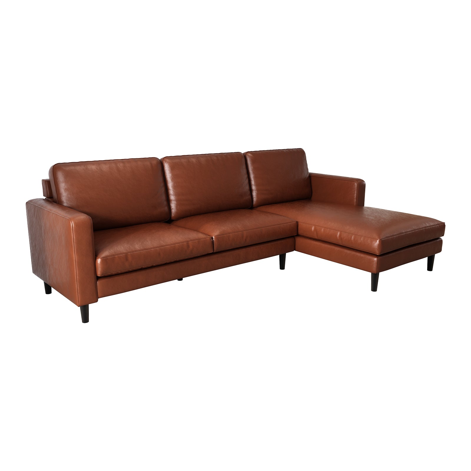 Close-up of the Nornas 3 Seater PU Leather Sofa with Chaise Brown, showcasing its sleek design, deep foam cushioning, and precise seams, emphasizing its plush comfort and spacious seating.