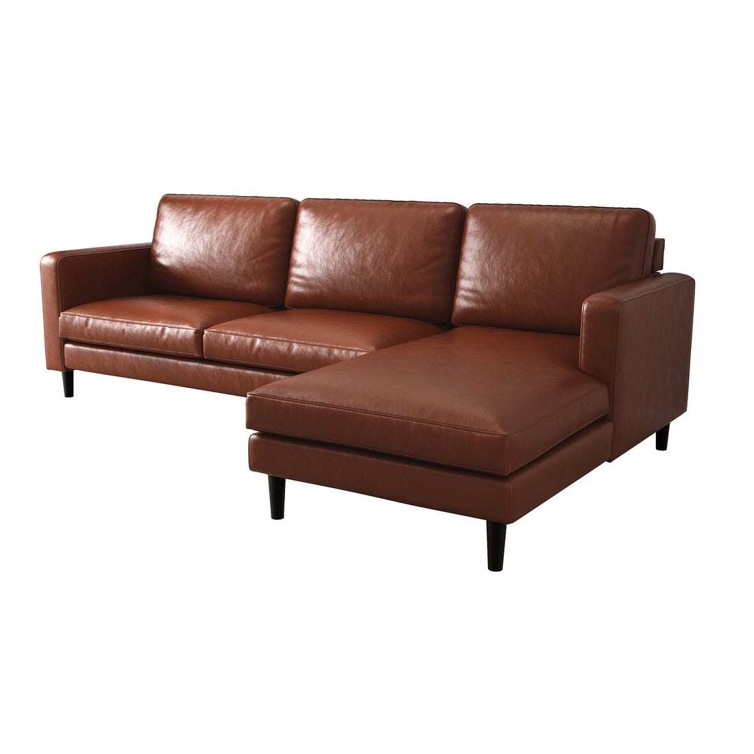 Nornas 3 Seater PU Leather Sofa with Chaise Brown, showcasing its sleek design with fixed cushions, plush foam seating, and a solid wood frame, ideal for stylish comfort.