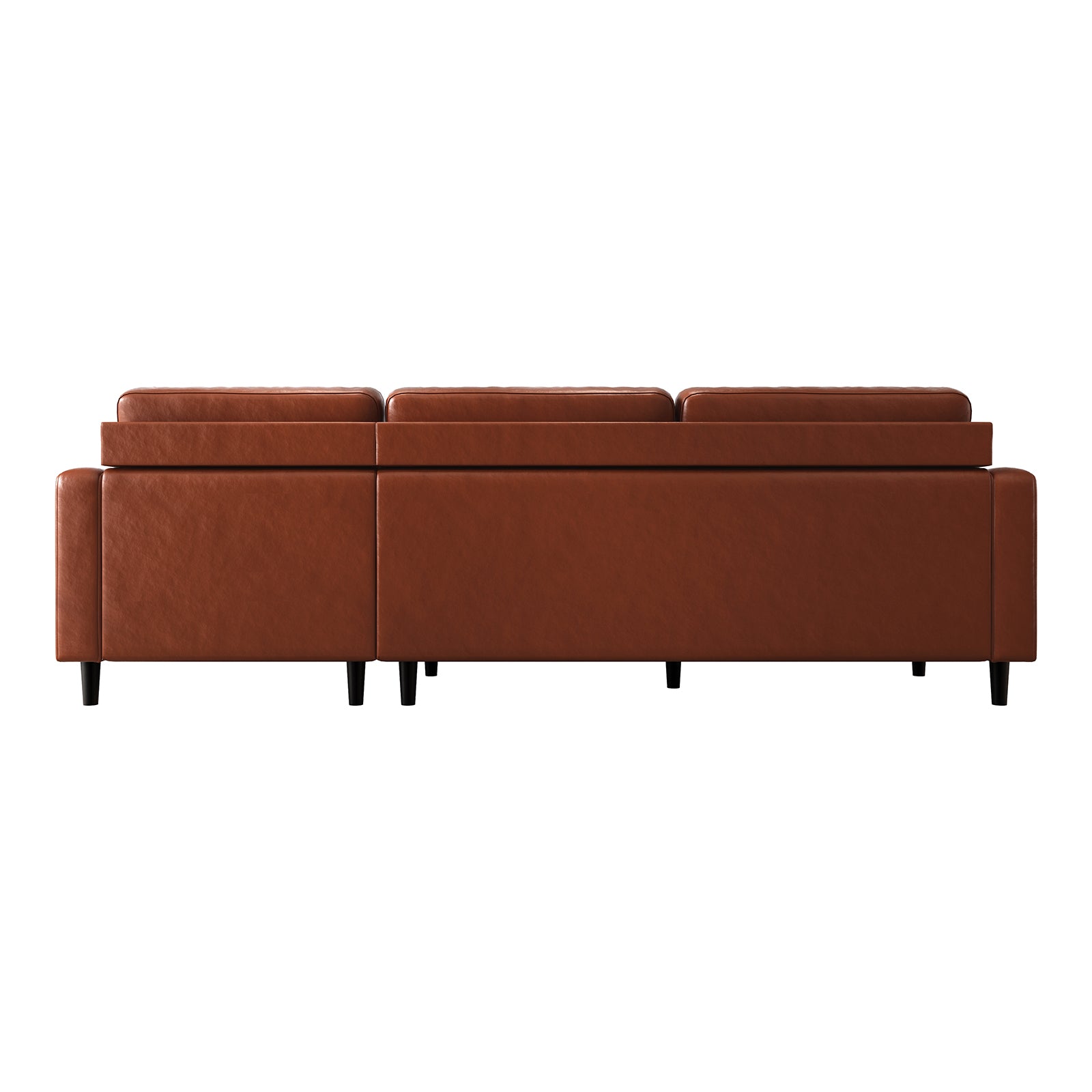 Nornas 3 Seater PU Leather Sofa with Chaise Brown featuring sleek black legs and deep foam cushions, showcasing a simple yet stylish design perfect for modern living spaces.