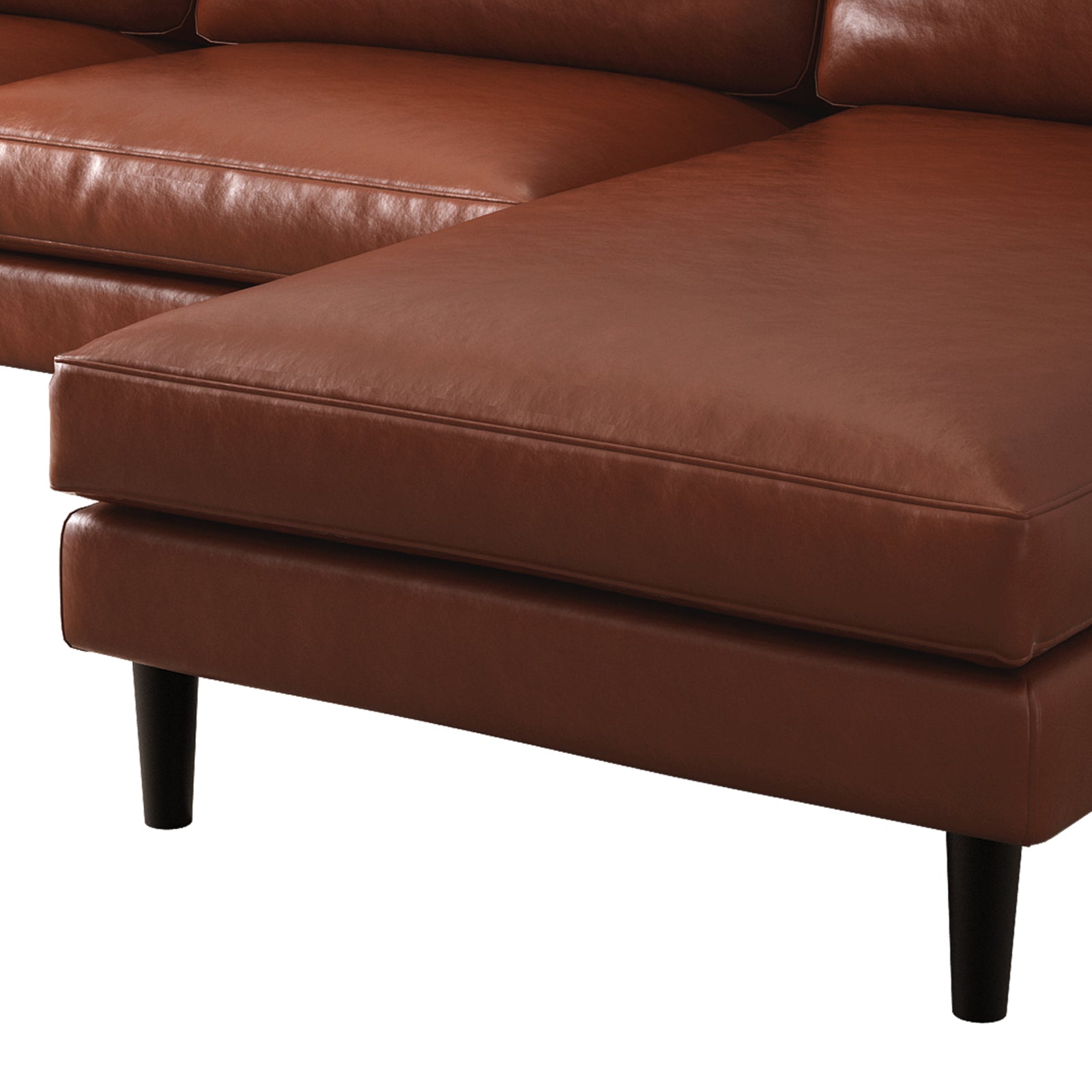 Close-up of the Nornas 3 Seater PU Leather Sofa with Chaise Brown, showcasing its textured leather surface and plush foam cushions, highlighting the luxurious and durable design ideal for comfort and style.
