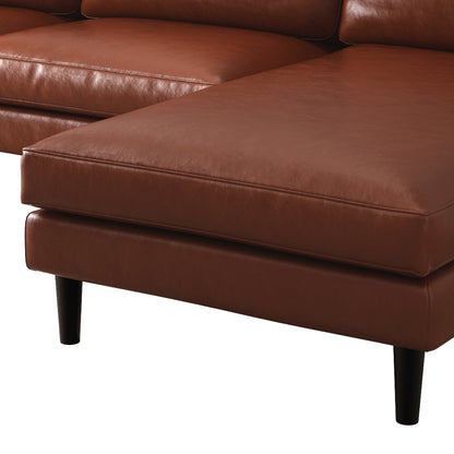 Close-up of the Nornas 3 Seater PU Leather Sofa with Chaise Brown, showcasing its textured leather surface and plush foam cushions, highlighting the luxurious and durable design ideal for comfort and style.