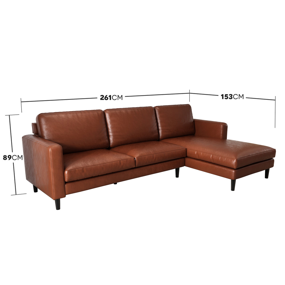 Nornas 3 Seater PU Leather Sofa with Chaise Brown, highlighting its sleek design and plush foam cushioning, featuring precise seams and a solid wood frame for ultimate comfort and durability.