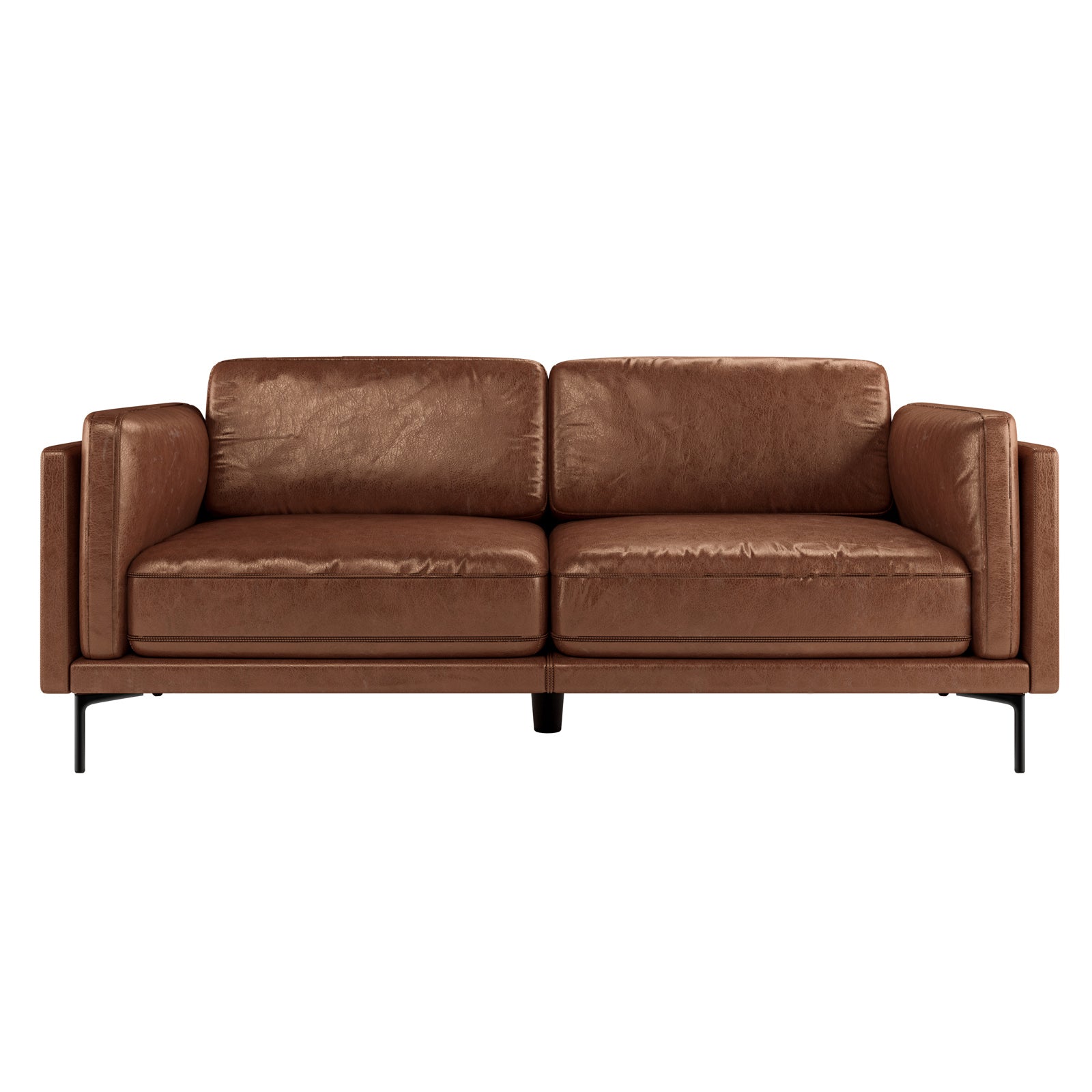 Oslo 3 Seater PU Leather Sofa Brown, featuring sleek armrests and sturdy metal legs, showcases its modern design. The close-up highlights its plush cushioning and fine PU leather upholstery.