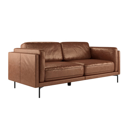 Oslo 3 Seater PU Leather Sofa Brown features a sleek brown leather surface, supported by five sturdy black metal legs, showcasing a modern, comfortable design perfect for elevating any living space.