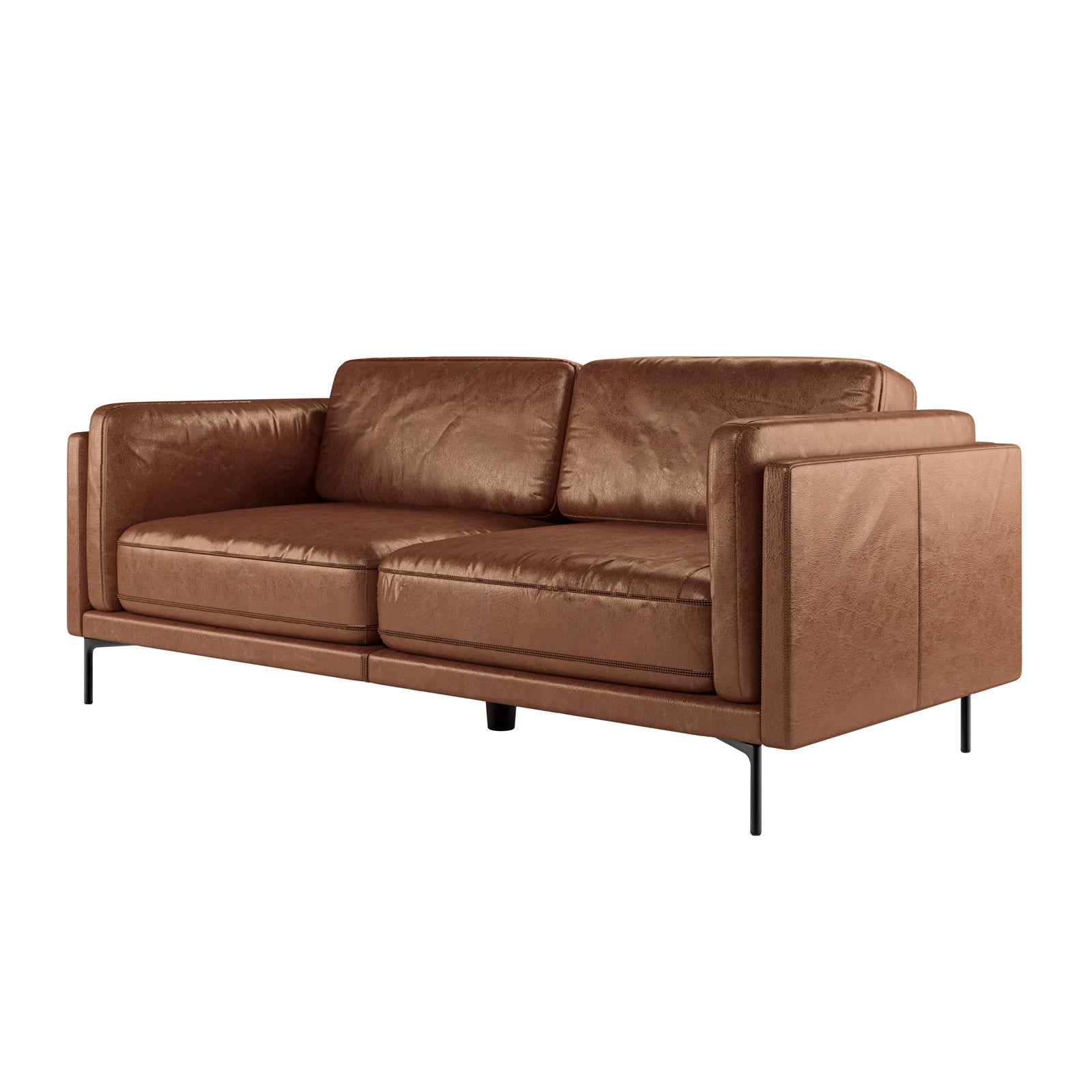 Oslo 3 Seater PU Leather Sofa Brown featuring close-up of sleek PU leather upholstery, sturdy metal legs, and plush cushions, exemplifying modern style and comfort for a chic living room centerpiece.