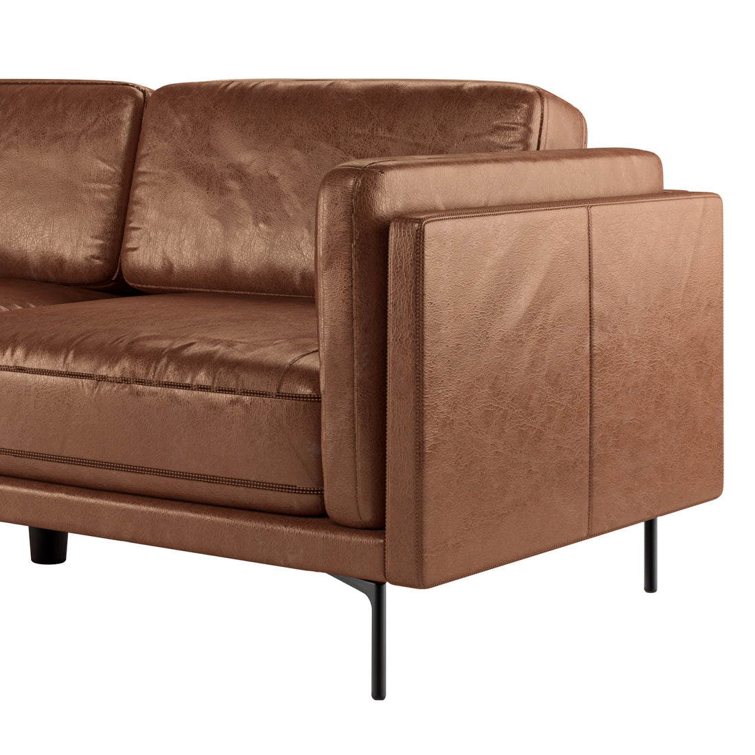 Oslo 3 Seater PU Leather Sofa Brown with close-up view highlights its sleek PU leather upholstery, sturdy metal legs, and foam-filled cushions for comfort, showcasing a modern and durable living room centerpiece.