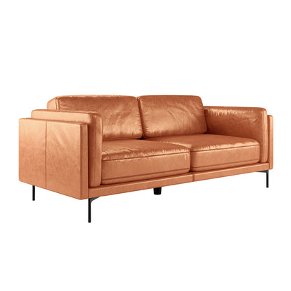 Close-up of the Oslo 3 Seater PU Leather Sofa Mocha, showcasing its sleek PU leather upholstery, foam-filled cushions, and sturdy metal legs, emphasizing modern style and comfort.