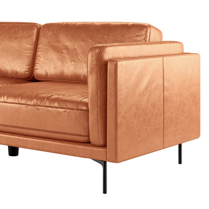 Close-up view of the Oslo 3 Seater PU Leather Sofa Mocha, showcasing its sleek leather finish and sturdy metal legs, highlighting modern design elements and plush cushioning for comfort.