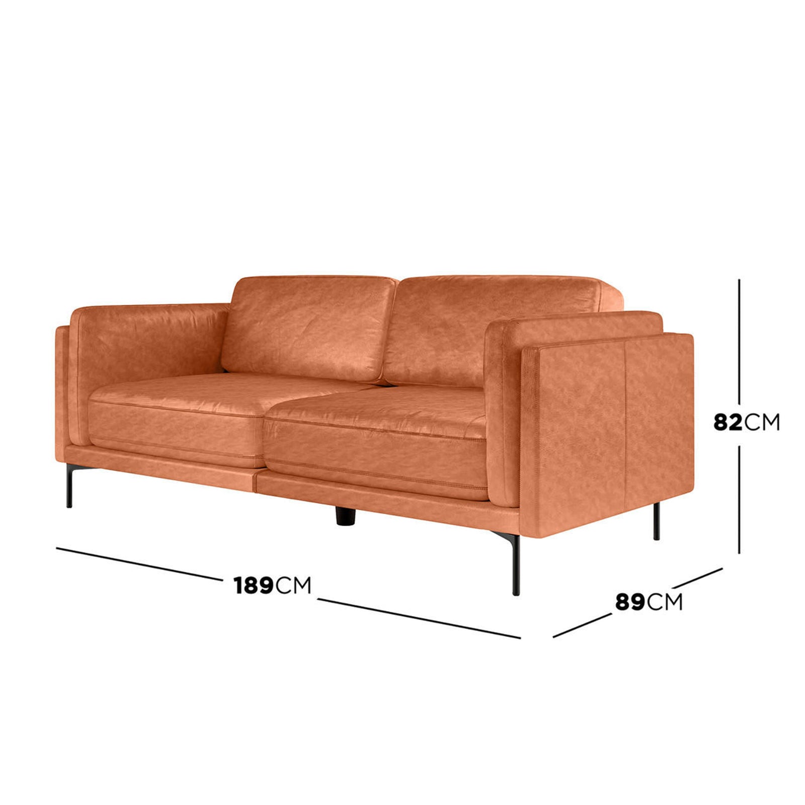 Oslo 3 Seater PU Leather Sofa Mocha, showcasing its sleek PU leather upholstery, sinuous spring construction, and sturdy metal legs. Close-up of the sofa and brown pillow highlights its luxurious comfort.