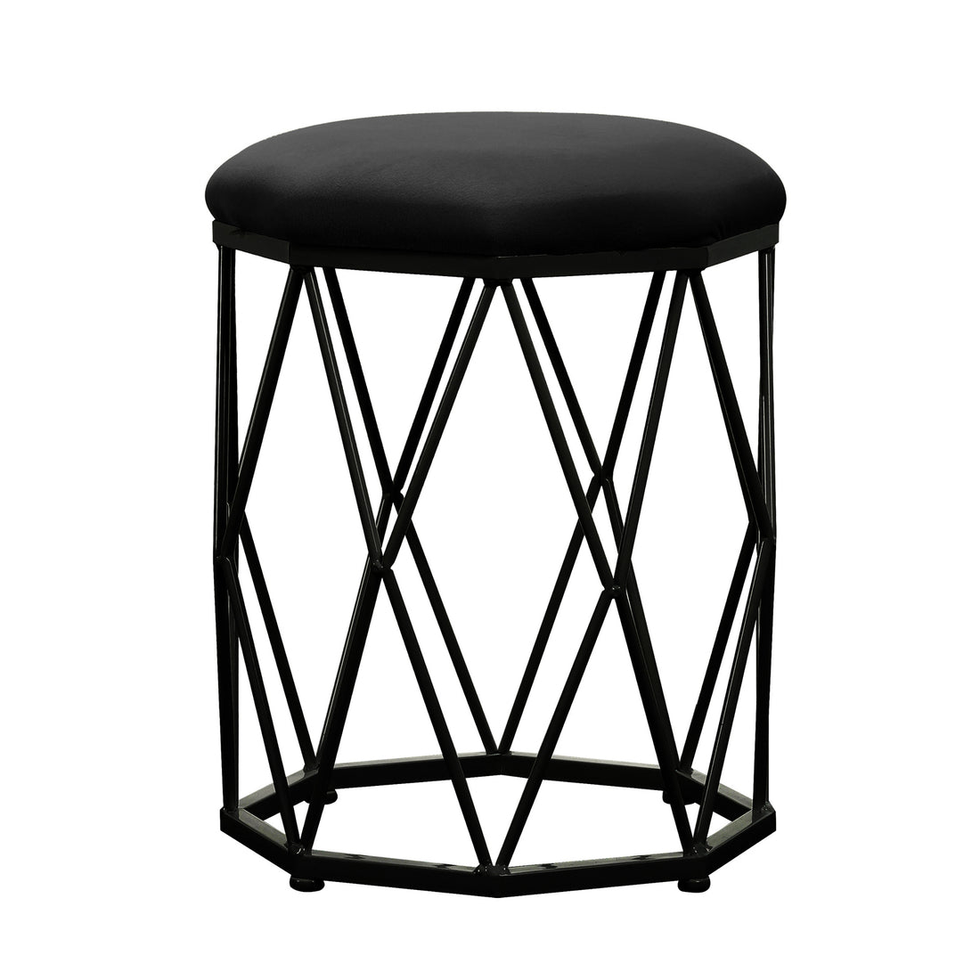 Paisley Velvet Round Accent Stool with Cushion in Black featuring a plush black cushioned top on a geometric metal frame, perfect for adding elegance and comfort to any room.