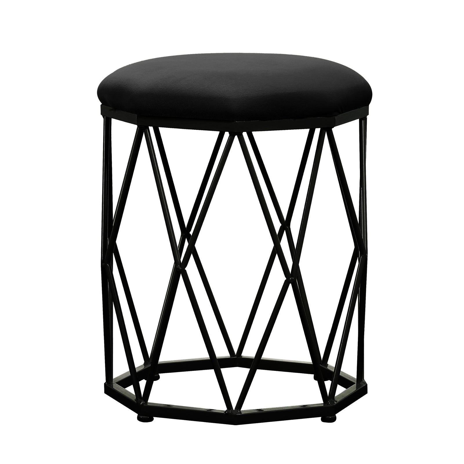 Paisley Velvet Round Accent Stool with Cushion in Black featuring a plush black cushioned top on a geometric metal frame, perfect for adding elegance and comfort to any room.