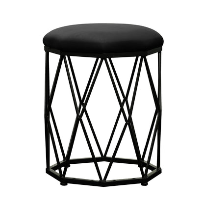 Paisley Velvet Round Accent Stool with Cushion in Black featuring a plush black cushioned top on a geometric metal frame, perfect for adding elegance and comfort to any room.