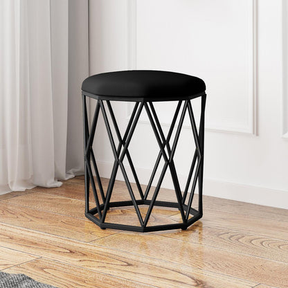 Paisley Velvet Round Accent Stool with Cushion in Black features a geometric-style black metal wireframe base and a plush, round, black upholstered seat, perfect for adding elegance to any room.