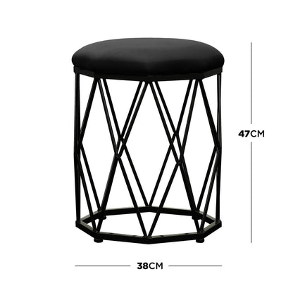Paisley Velvet Round Accent Stool with Cushion in Black features a plush, black-upholstered top on a geometric metal base, measuring 47 cm tall and 38 cm across, offering modern elegance and comfort.