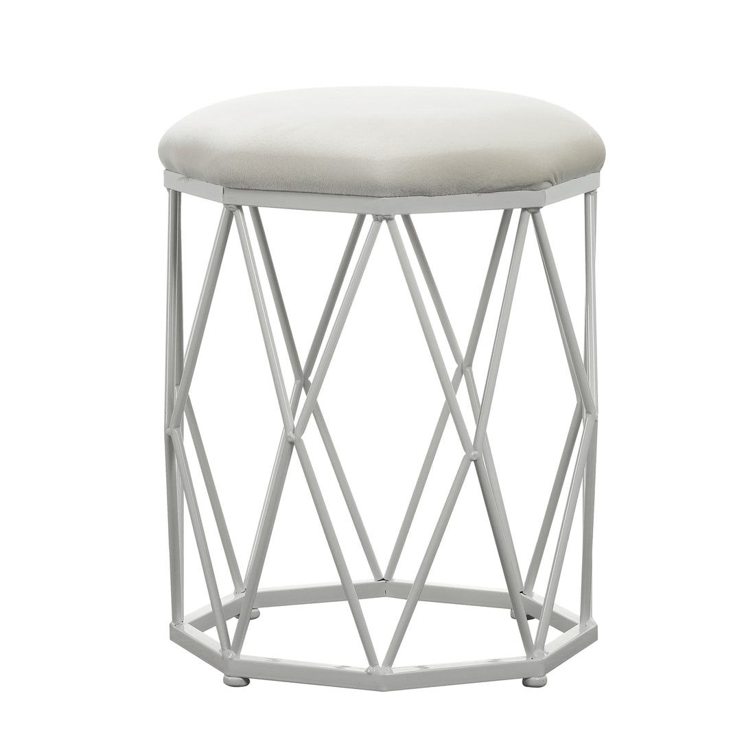 Paisley Velvet Round Accent Stool features a plush, round cushion atop a geometric white metal base, showcasing an elegant, modern design ideal for adding luxury and comfort to any space.