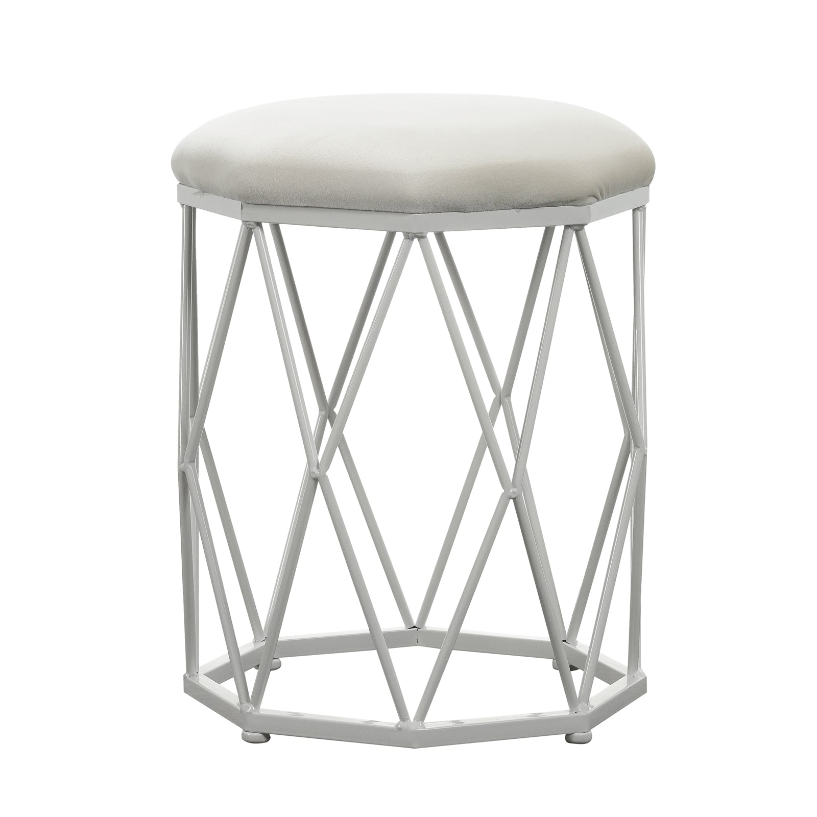 Paisley Velvet Round Accent Stool features a plush, round cushion atop a geometric white metal base, showcasing an elegant, modern design ideal for adding luxury and comfort to any space.