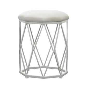 Paisley Velvet Round Accent Stool features a plush, round cushion atop a geometric white metal base, showcasing an elegant, modern design ideal for adding luxury and comfort to any space.