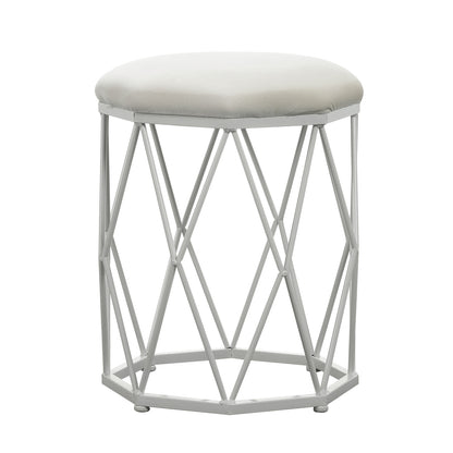 Paisley Velvet Round Accent Stool features a plush, round cushion atop a geometric white metal base, showcasing an elegant, modern design ideal for adding luxury and comfort to any space.