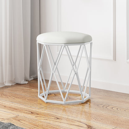 Paisley Velvet Round Accent Stool in White, featuring a plush round cushion atop a geometric metal base, perfect for adding elegance and comfort to any living space.